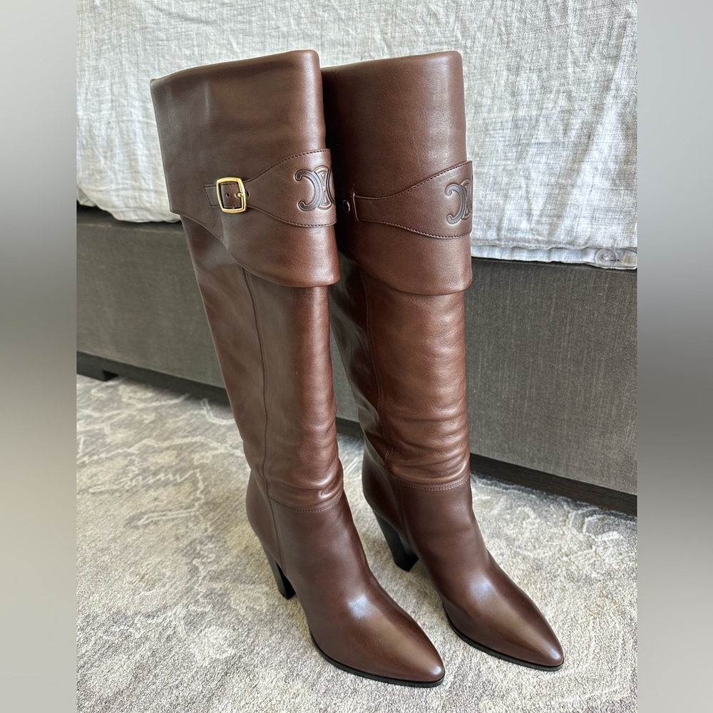 CELINE WILTERN Calfskin RIDING BOOT WITH TRIOMPHE 90mm Brown KneeHigh Boots 39.5 - Picture 2 of 16